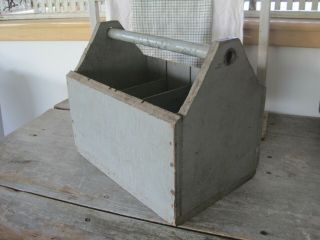 Old Vintage Primitive Grey Paint Wood Tote with Four Dividers American 3