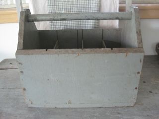 Old Vintage Primitive Grey Paint Wood Tote with Four Dividers American 4