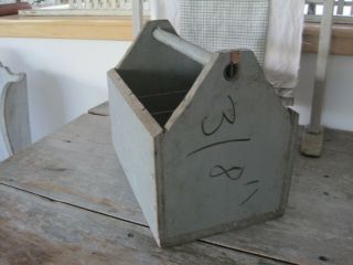 Old Vintage Primitive Grey Paint Wood Tote with Four Dividers American 6