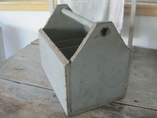 Old Vintage Primitive Grey Paint Wood Tote with Four Dividers American 8