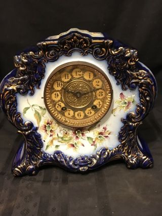 Antique Gilbert Porcelain/china Rare Flow Blue Clock (lions Heads Floral Case)