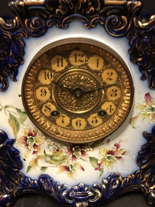 Antique Gilbert Porcelain/China Rare Flow Blue Clock (Lions Heads Floral Case) 2