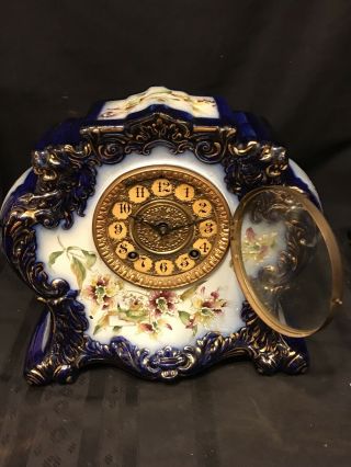 Antique Gilbert Porcelain/China Rare Flow Blue Clock (Lions Heads Floral Case) 4