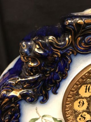 Antique Gilbert Porcelain/China Rare Flow Blue Clock (Lions Heads Floral Case) 5