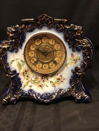 Antique Gilbert Porcelain/China Rare Flow Blue Clock (Lions Heads Floral Case) 7