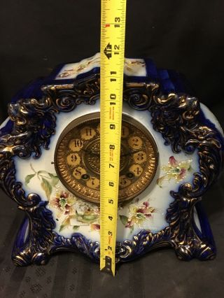 Antique Gilbert Porcelain/China Rare Flow Blue Clock (Lions Heads Floral Case) 8