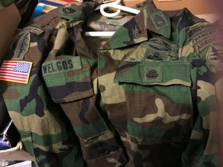 Us Army Woodland Camo Shirt Coat Special Forces Airborne Badges Cib Ranger Diver