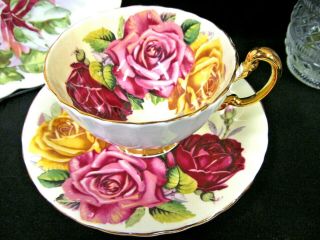 AYNSLEY tea cup and saucer oban Floating rose pink red teacup pattern yellow set 11