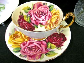 Aynsley Tea Cup And Saucer Oban Floating Rose Pink Red Teacup Pattern Yellow Set