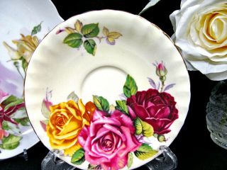 AYNSLEY tea cup and saucer oban Floating rose pink red teacup pattern yellow set 2