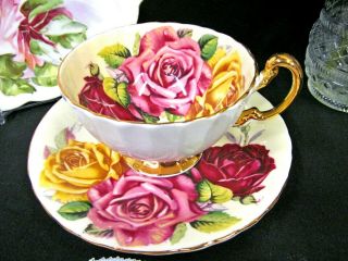 AYNSLEY tea cup and saucer oban Floating rose pink red teacup pattern yellow set 4