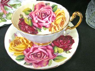 AYNSLEY tea cup and saucer oban Floating rose pink red teacup pattern yellow set 5