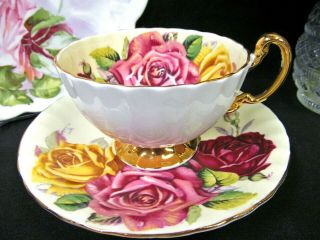 AYNSLEY tea cup and saucer oban Floating rose pink red teacup pattern yellow set 6