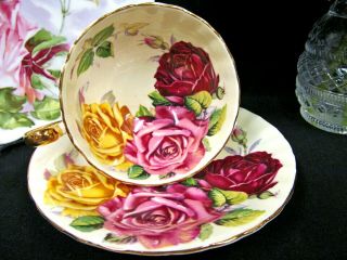 AYNSLEY tea cup and saucer oban Floating rose pink red teacup pattern yellow set 9