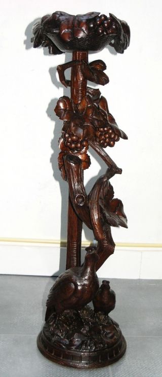 Ant.  Black Forest Wood Carved Plant Stand:statue W.  2 Birds
