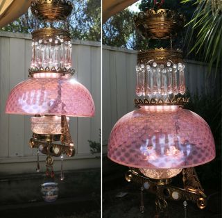 Jeweled Antique Kerosene Oil LAMP Victorian Chandelier brass Glass beaded prisms 10