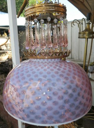 Jeweled Antique Kerosene Oil LAMP Victorian Chandelier brass Glass beaded prisms 11