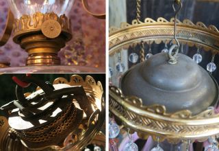 Jeweled Antique Kerosene Oil LAMP Victorian Chandelier brass Glass beaded prisms 12