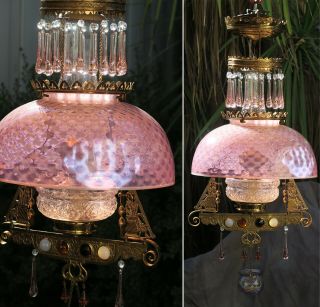 Jeweled Antique Kerosene Oil Lamp Victorian Chandelier Brass Glass Beaded Prisms