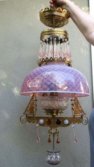Jeweled Antique Kerosene Oil LAMP Victorian Chandelier brass Glass beaded prisms 2