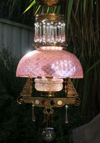 Jeweled Antique Kerosene Oil LAMP Victorian Chandelier brass Glass beaded prisms 3