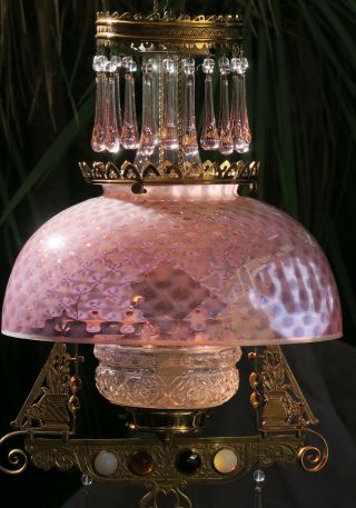 Jeweled Antique Kerosene Oil LAMP Victorian Chandelier brass Glass beaded prisms 4