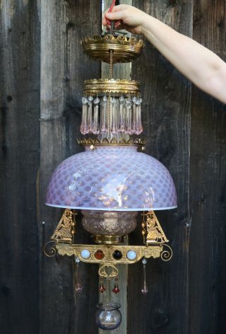 Jeweled Antique Kerosene Oil LAMP Victorian Chandelier brass Glass beaded prisms 5