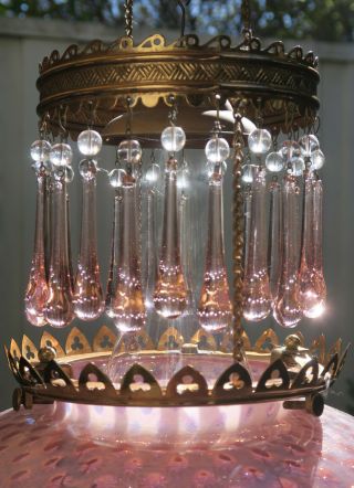 Jeweled Antique Kerosene Oil LAMP Victorian Chandelier brass Glass beaded prisms 6