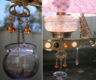 Jeweled Antique Kerosene Oil LAMP Victorian Chandelier brass Glass beaded prisms 7