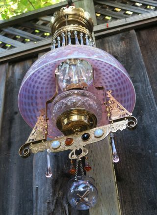 Jeweled Antique Kerosene Oil LAMP Victorian Chandelier brass Glass beaded prisms 8