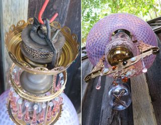 Jeweled Antique Kerosene Oil LAMP Victorian Chandelier brass Glass beaded prisms 9