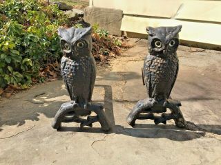 Antique Cast Iron Owl Andirons With Glass Eyes Circa 1900 Need A Little Tlc