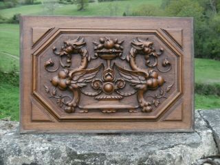 19thc Gothic Mahogany Panel Carved Breasted Gargoyles & Central Urn (2)