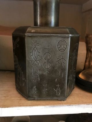 Lovely Antique Chinese Pewter Tea Caddy Canister Marked Signed Swatow Ware 12