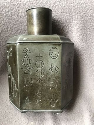 Lovely Antique Chinese Pewter Tea Caddy Canister Marked Signed Swatow Ware 4