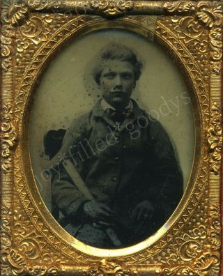 Young Boy Confederate Soldier? Holding A Crutch 1860s Civil War Time Ambrotype