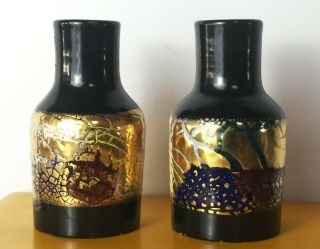 Pr Bitossi Volcanic Glaze Gold On Black Bottles Vases Mid Century Italian Modern