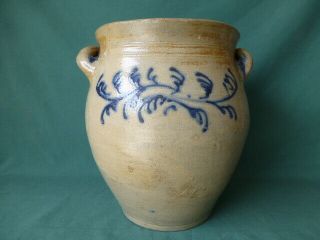 Antique Salt Glaze Ovoid Blue Decorated Stoneware Crock