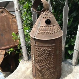 Early Primitive Punched Tin Hanging Lantern Candle Holder Early Lighting