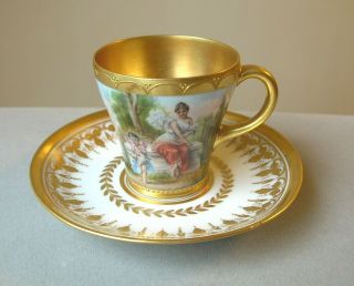 Handpainted Cup Saucer Signed Wagner Woman W/ Cupid Royal Vienna Style