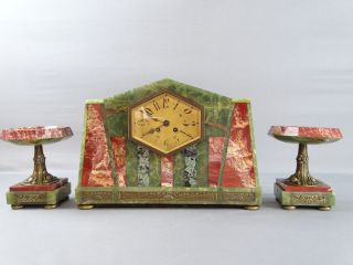 Rare French Art Deco Art Nouveau Marble And Onyx Clock Garniture Set