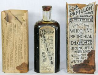 Papillon Cough Cure,  Antique Medicine Bottle,  Box,  Label,  Cork - Apothecary