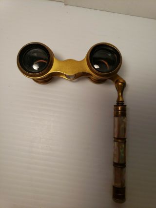 Vintage Iris Paris Mother of Pearl and Brass Opera Glasses with Handle 2