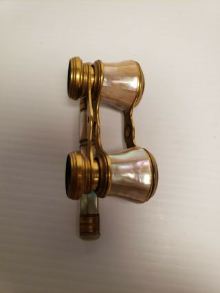 Vintage Iris Paris Mother of Pearl and Brass Opera Glasses with Handle 3