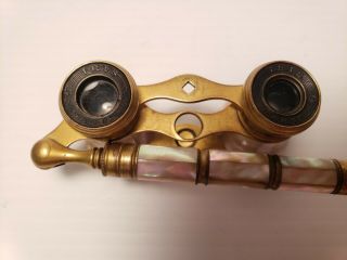 Vintage Iris Paris Mother of Pearl and Brass Opera Glasses with Handle 4
