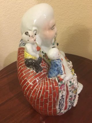 Antique Chinese Famille Rose Porcelain Laughing Buddha with children - Marked 12