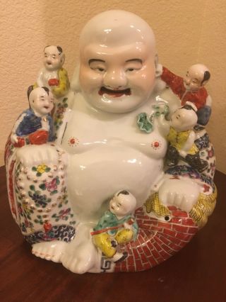 Antique Chinese Famille Rose Porcelain Laughing Buddha With Children - Marked