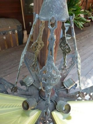 Antique Deco Slip Shade Art Glass Ceiling Chandelier Hanging Light 5 Fixture 3