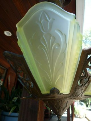 Antique Deco Slip Shade Art Glass Ceiling Chandelier Hanging Light 5 Fixture 6