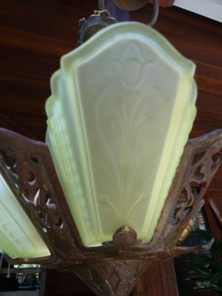 Antique Deco Slip Shade Art Glass Ceiling Chandelier Hanging Light 5 Fixture 7